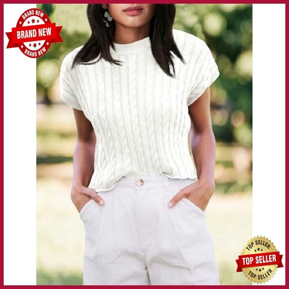 Cable Knit Cropped Sweater Vest Cap Sleeve Pullover Loose Fit - Picture 3 of 5